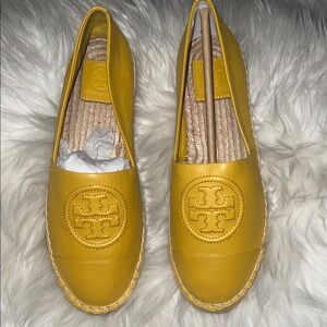 Tory Burch Mustard Leather Espadrille Flats with Logo Medallion